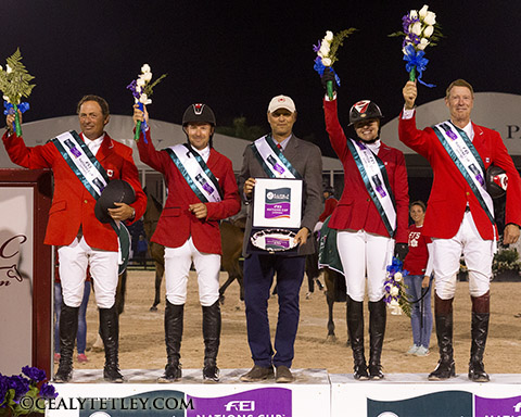 Canada is presented as the winner of the $75,000 Furusiyya Nations' Cup, presented by G &C Farm, at the 2014 FTI Consulting Winter Equestrian Festival in Wellington, FL. Photo by Cealy Tetley, www.tetleyphot.com