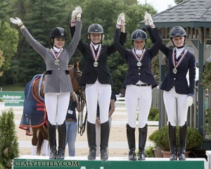 Junior Team Ontario celebrate their silver medal victory at the 2014 Adequan FEI North American Junior & Young Rider Championships.