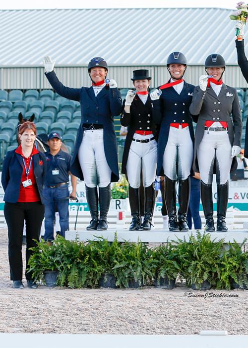 The Canadian Dressage Team rode to a Team Silver Medal in the CDIO 3* Stillpoint Farm Nations’ Cup on March 31, held as part of the 12th and final week of the Adequan Global Dressage Festival in Wellington, FL. (L to R: Christine Peters, Jacqueline Brooks, Belinda Trussell, Megan Lane, Karen Pavicic.) Photo by Susan J. Stickle.